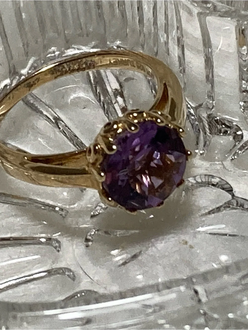 Vintage SS Gold Colored Ring with Purple Round Gemstone
